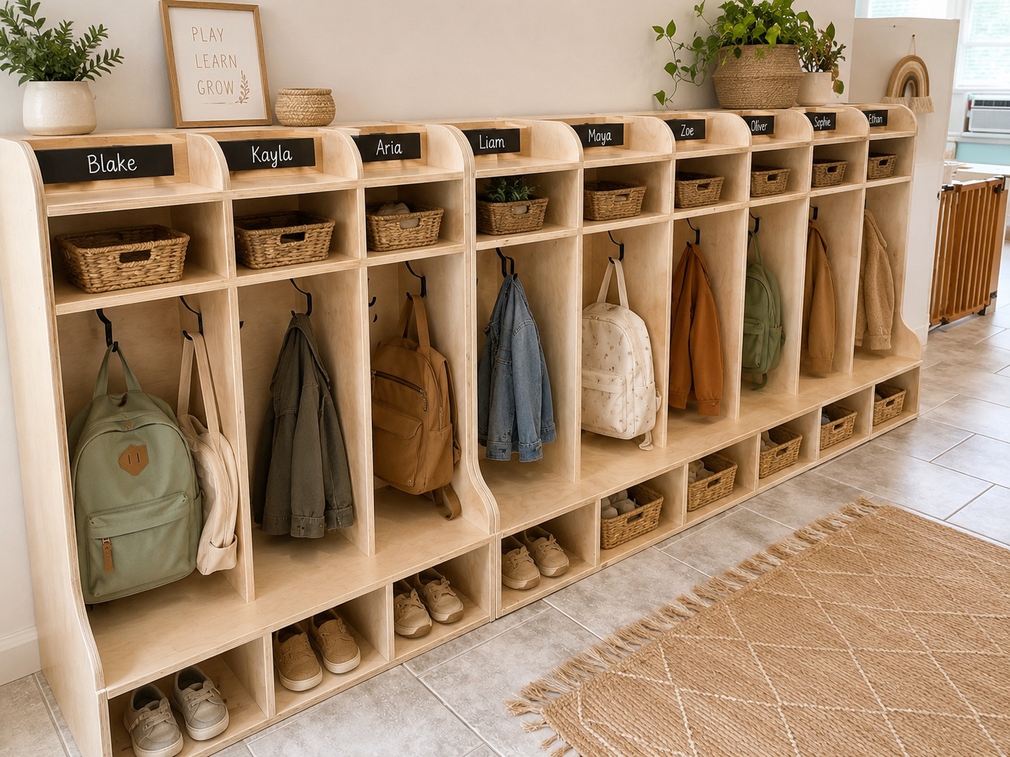 Custom natural birch daycare entry cubbies with hooks and shoe storage