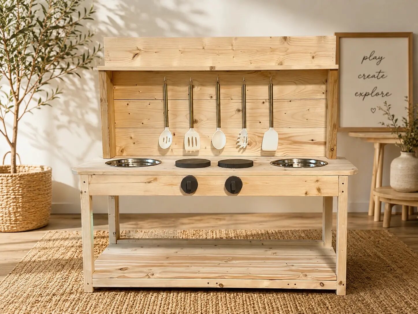 Styled natural wood mud kitchen